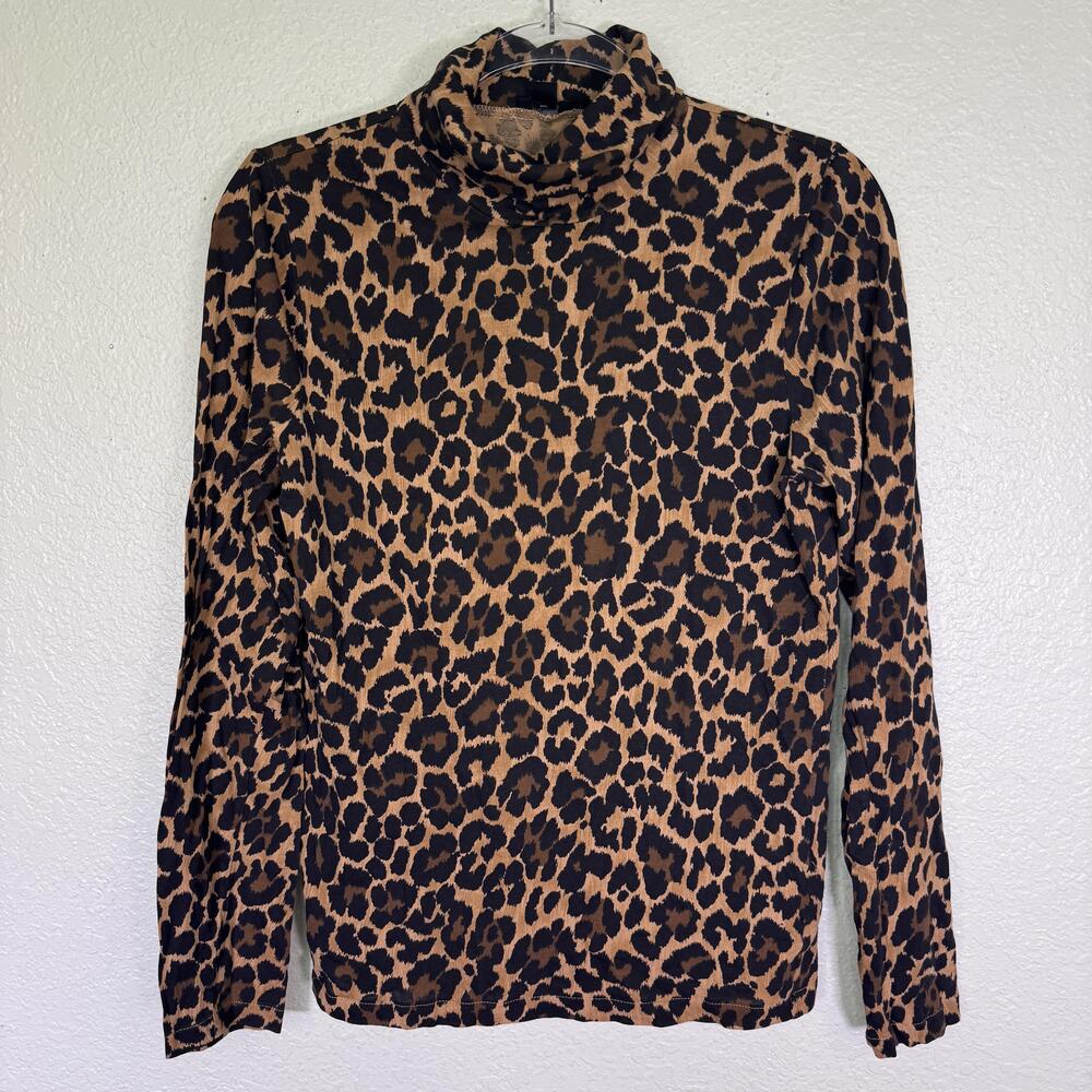 J CREW Top Womens Large Leopard Turtleneck Pullover 100% Cotton L